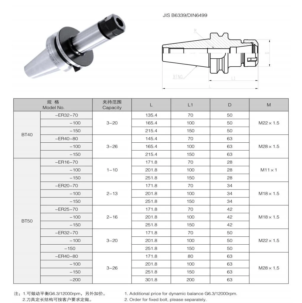 Good Quality Tool Holder Tooling System High Speed BT40-ER40-100 BT-ER Series