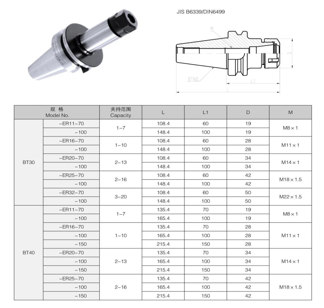 Good Quality Tool Holder Tooling System High Speed BT30-ER20-70 BT-ER Series